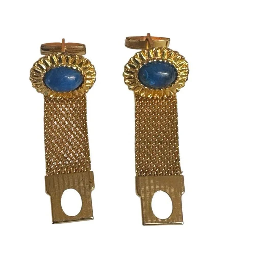 Vintage Gold-Tone Mesh Wrap Cufflinks with Blue Glass Cabochons